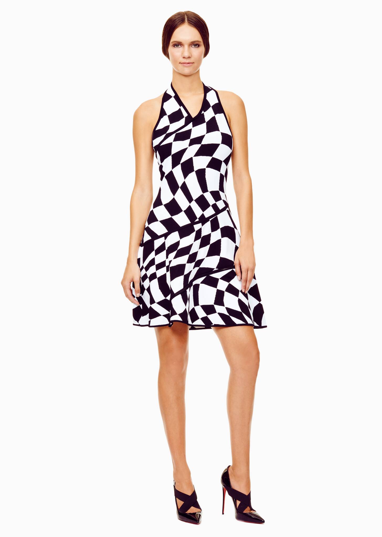 Geometric Pattern Black and White Halter Dress