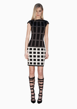 Maxine - Geometric Knitted Black Dress with Grey and White Detailing