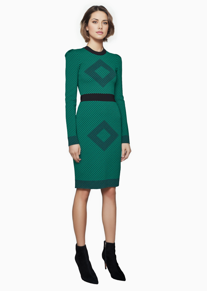 Sage Diamond Motif Pencil Dress with Long Sleeves Sage Diamond Motif Pencil Dress with Long Sleeves