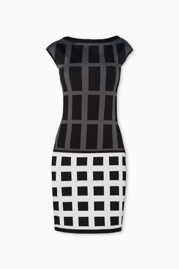 Maxine - Geometric Knitted Black Dress with Grey and White Detailing