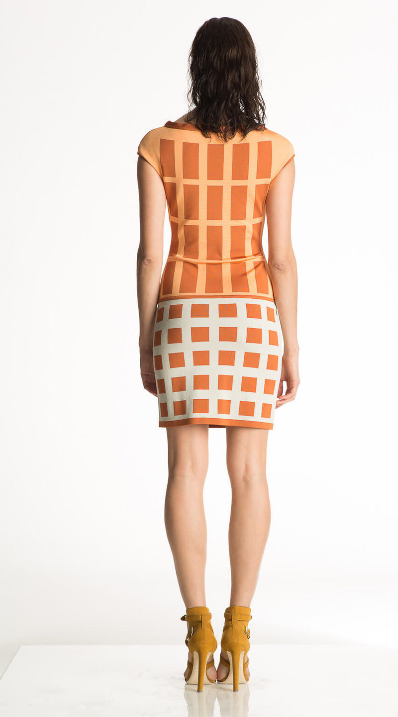 Maxine - Geometric Knitted Orange and White Dress