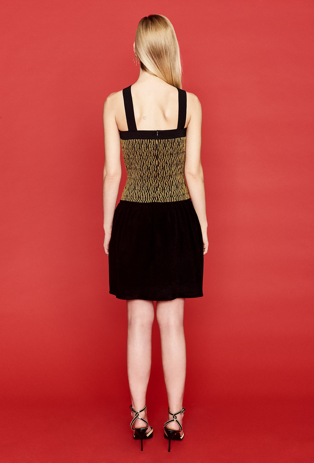 Paula Hian Gold and Black Halter Top with Stretch Velour Velvet Skirt