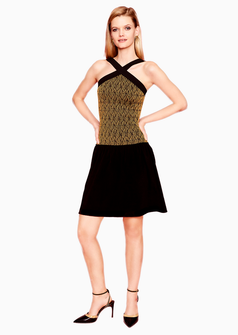 Paula Hian Gold and Black Halter Top with Stretch Velour Velvet Skirt Paula Hian Gold and Black Halter Top with Stretch Velour Velvet Skirt