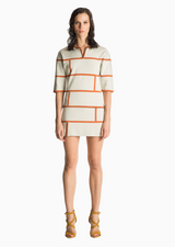 Desirae - Knit, Short Sleeve White Tunic Dress with Orange Motif