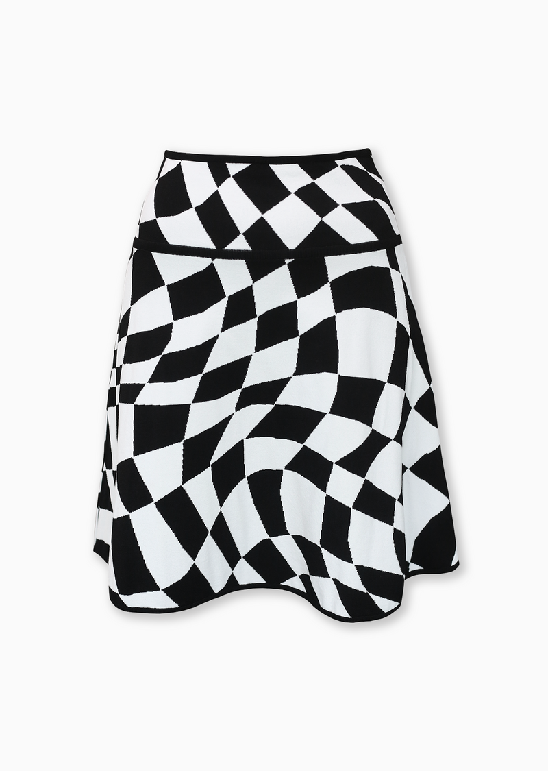 Jeannine - Knit, Black and White Wavy Checkered Flag Mini Skirt