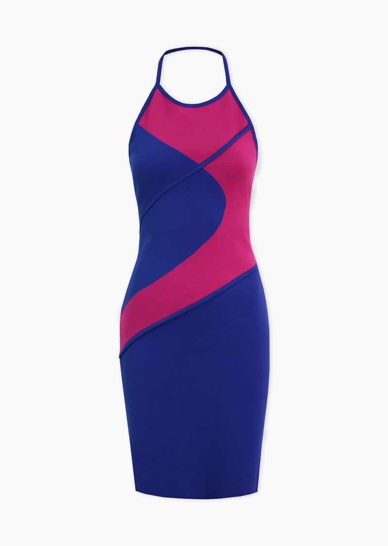 twist halter dress Karmaine – Bicolor Twist Halter Dress XS / Magenta/Persian Blue