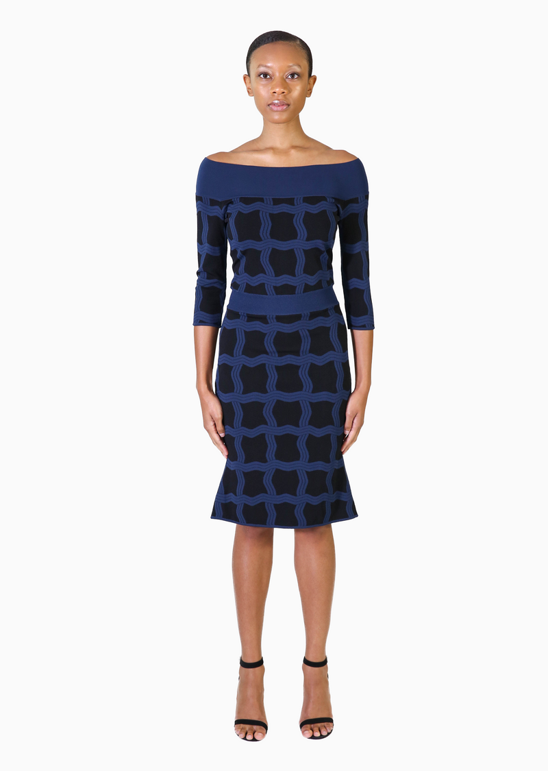 3/4 Sleeve Black Dress with White Graphic Ribbed Knit 3/4 Sleeve Black Dress with White Graphic Ribbed Knit