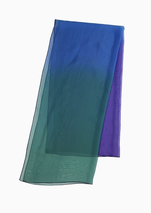 Foulard en mousseline de soie dégradé vert, bleu et violet