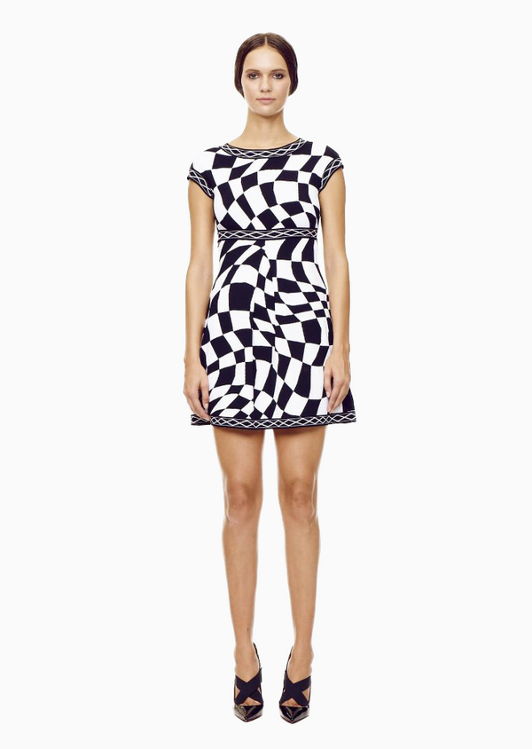 Pascale - Cap Sleeve White and Black Checkered Wave Dress
