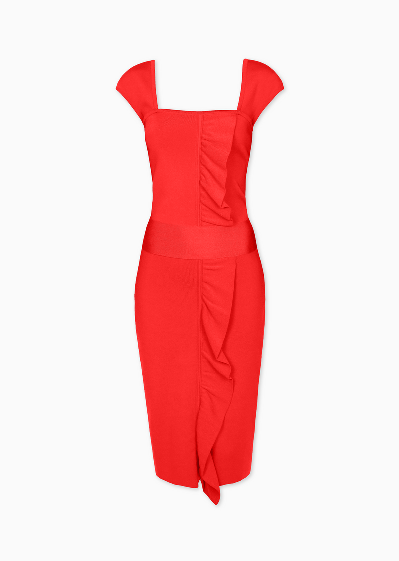 Geranium, Cap Sleeve Knitted Red Dress with Slit in Back Geranium, Cap Sleeve Knitted Red Dress with Slit in Back