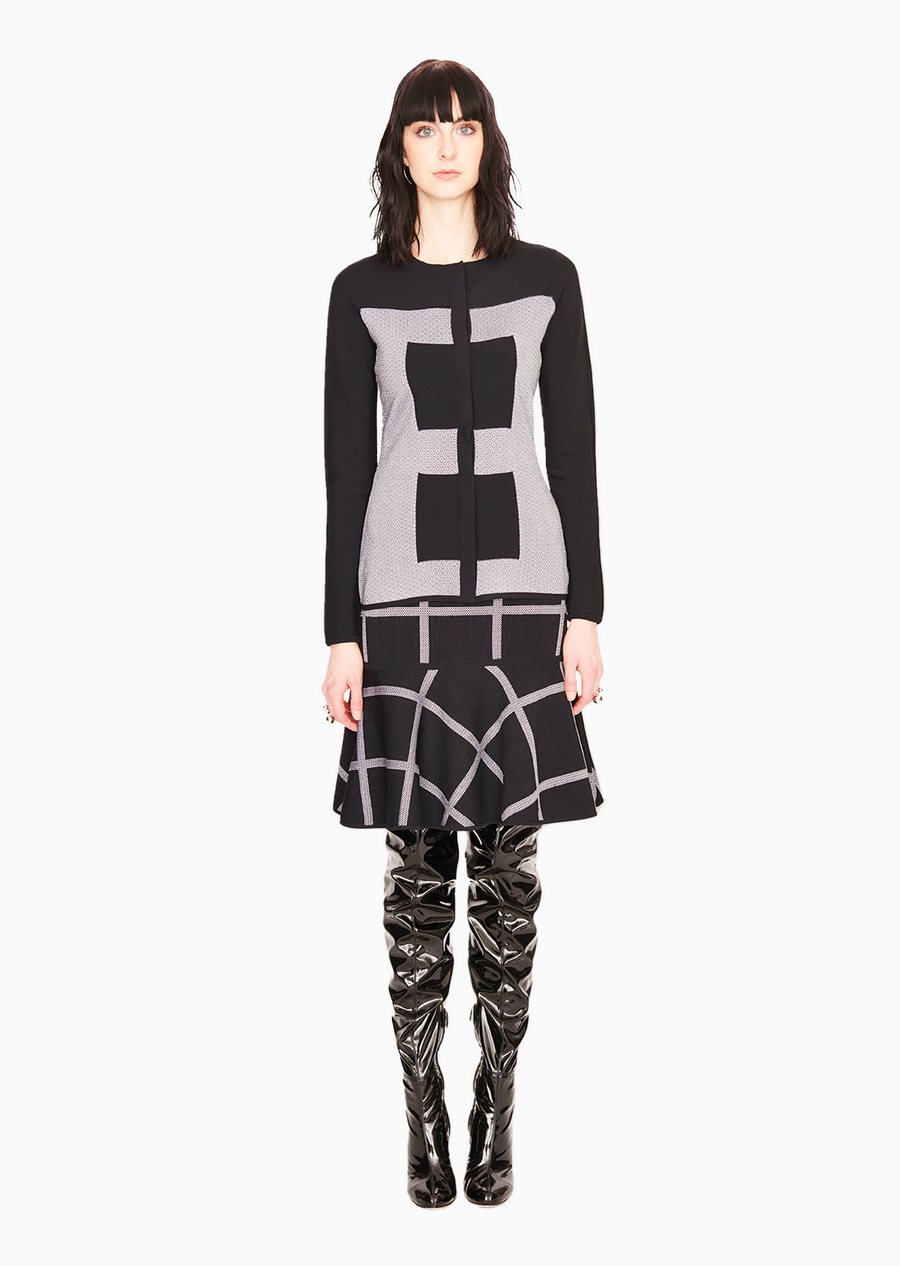 Nicole - Jupe Femme Abstraite Jacquard Noir et Blanc à Carreaux