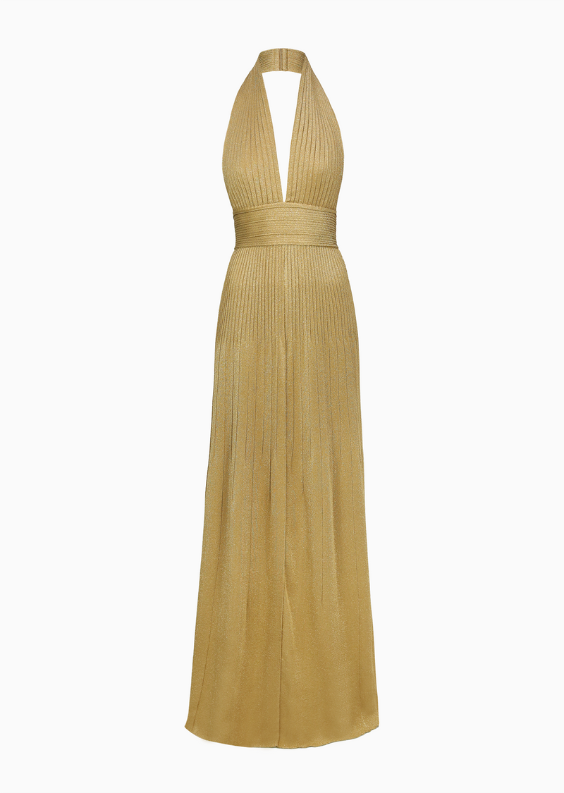 Jocelina - Shimmery Halter Evening Gown with Plunging Neckline M / Antique Gold Jocelina - Shimmery Halter Evening Gown with Plunging Neckline M / Antique Gold